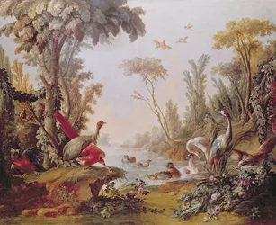 Lago con gansos, cigüeñas, loros y garzas, del Salón de Gilles Demarteau (1722-76) c.1750-65